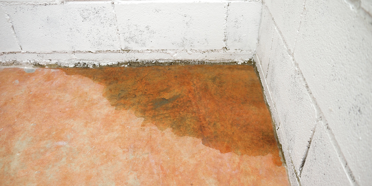 Grundwasser Keller Sickerschacht_Rückstau Feuchte Stelle auf Kellerboden durch aufsteigende Feuchtigkeit und drückendes Grundwasser