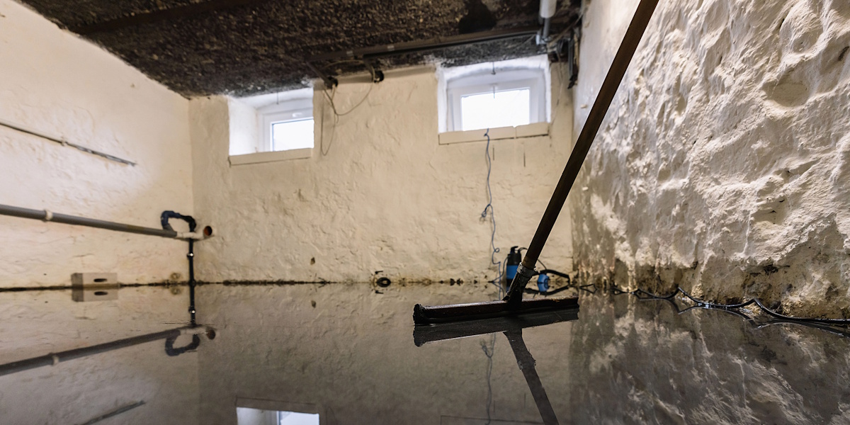 Überfluteter Kellerraum mit stehendem Wasser und Abzieher zur Beseitigung des Wasserschadens