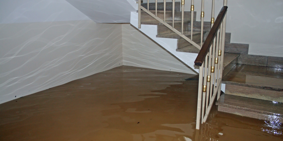 Überfluteter Kellerraum mit Treppe und stehendem Wasser bei Grundwassereintritt