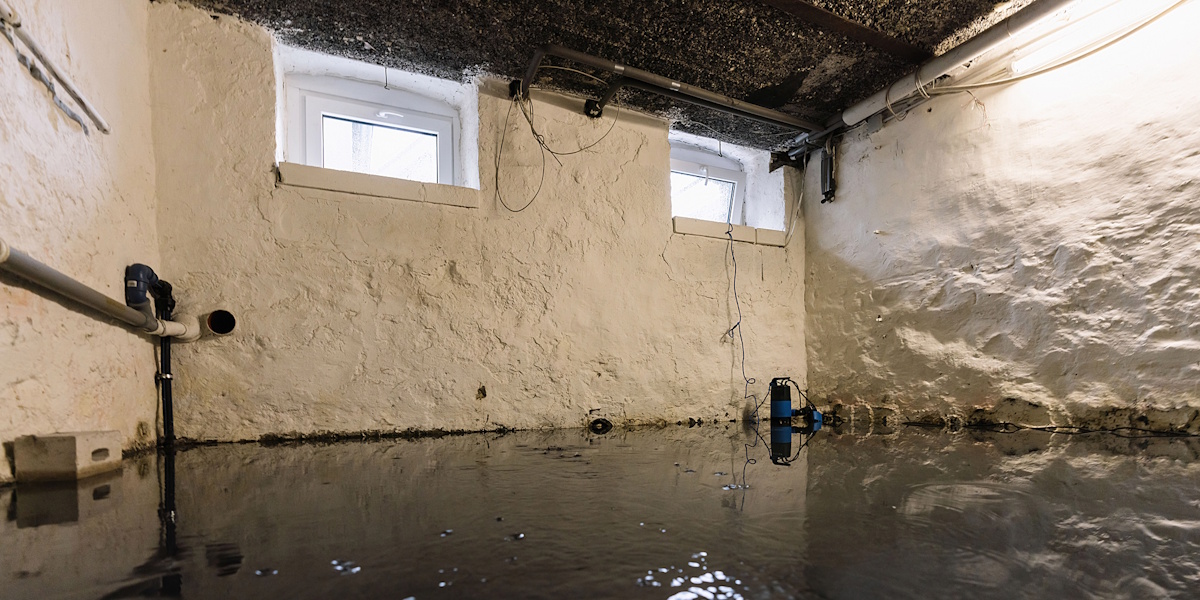 Überfluteter Kellerraum mit Wasser auf dem Boden und sichtbarer Pumpe zur Wasserabführung