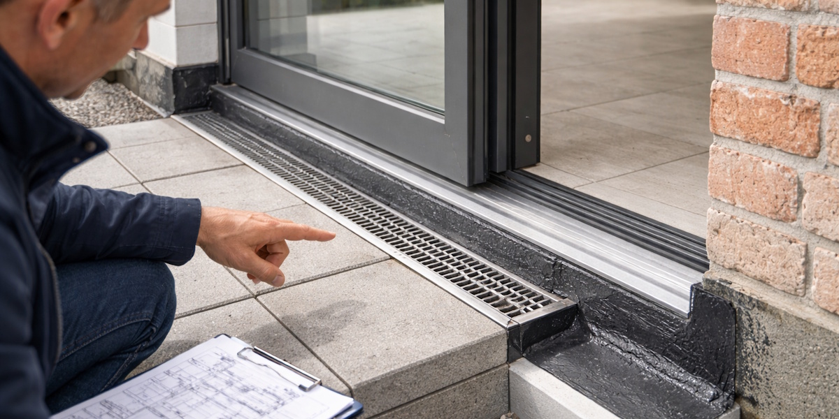 Entwässerungsrinne vor bodentiefem Fenster mit Abdichtung im Sockelbereich