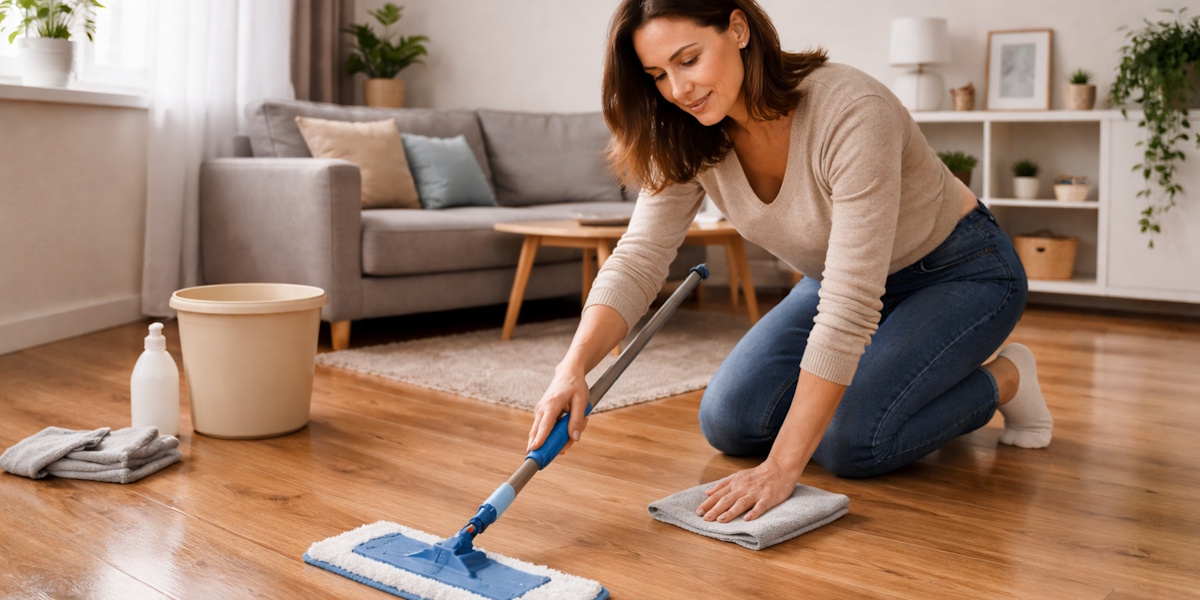 Laminat aufgequollen_Passendes Laminat Reinigung von Laminatboden im Wohnraum mit Wischmopp und zu hoher Feuchtigkeit