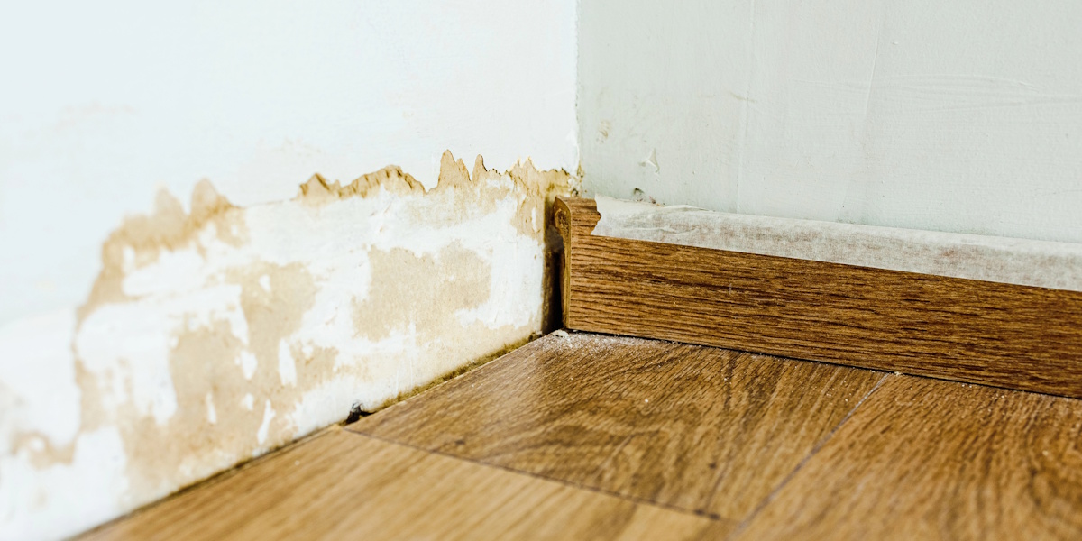 Laminat aufgequollen_Verlegefehler Feuchtigkeitsschäden an Wand und Sockelleiste neben Laminatboden