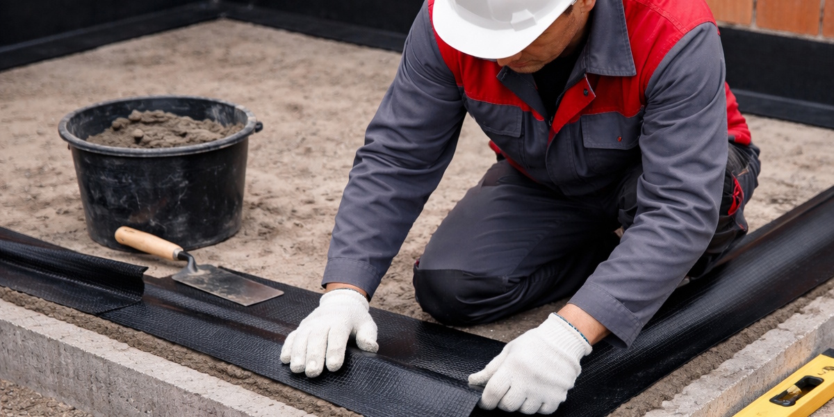 Mauerwerkssperre OBI_Verarbeitung Verlegung einer Bitumenbahn auf Fundament zur Abdichtung als Mauerwerkssperre