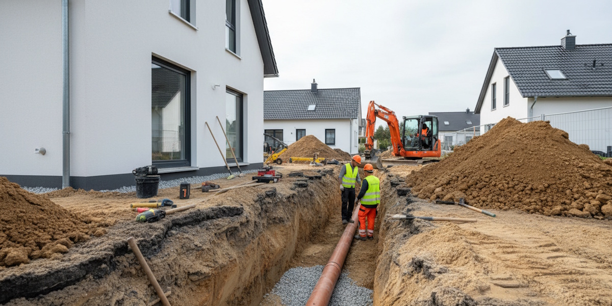 Rohrgrabenaushub auf Baustelle mit verlegtem Abwasserrohr im Graben