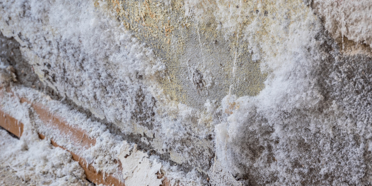 Starke Salzausblühungen auf feuchtem Mauerwerk mit bröckelndem Putz
