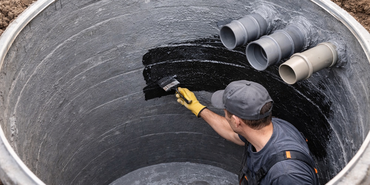Zisterne abdichten von innen durch Beschichtung der Wand mit Abdichtungsmaterial