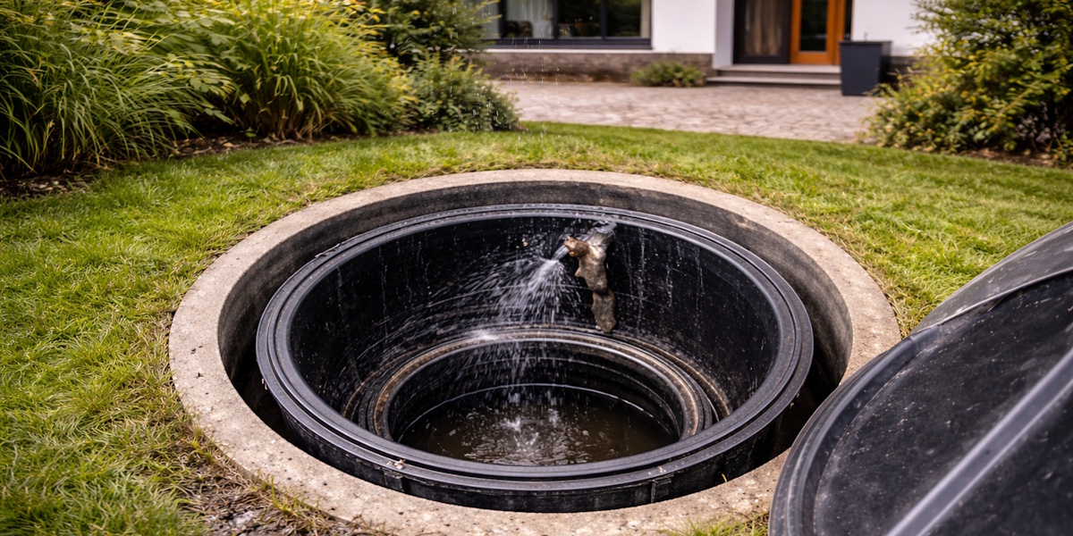 Offene Zisterne im Garten mit sichtbarem Wasserzulauf und abgenommenem Deckel