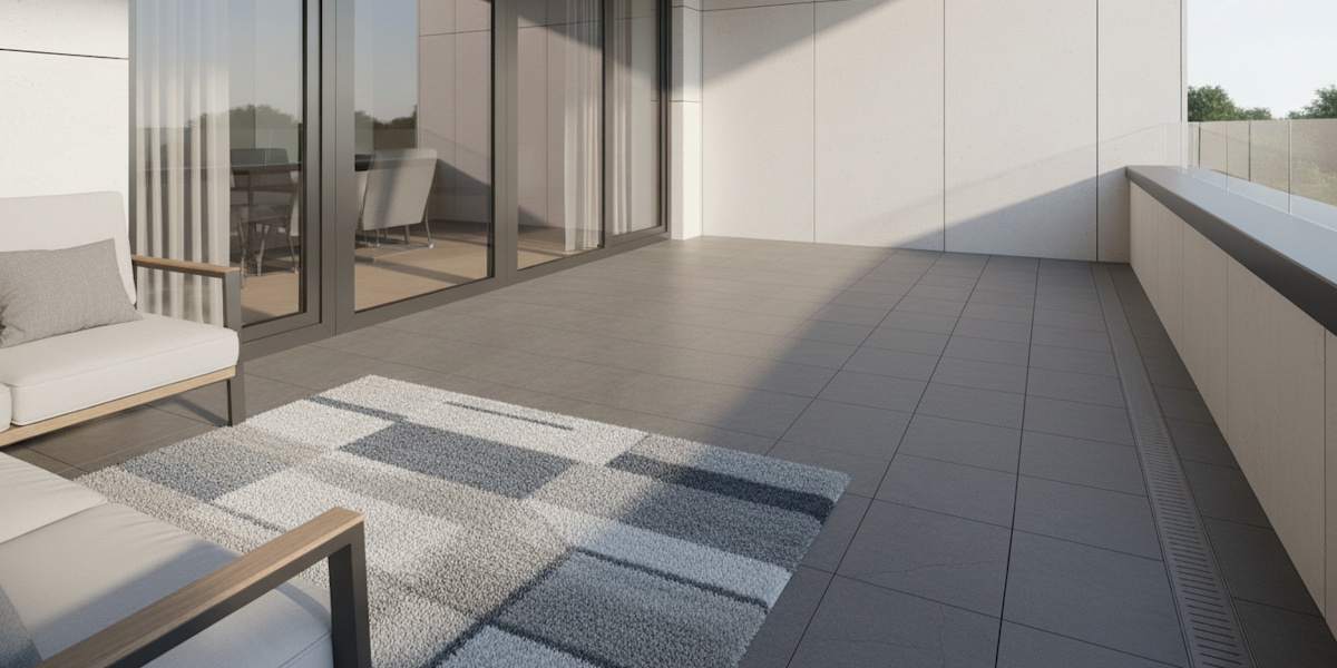 Moderner Balkon mit dunkelgrauem Plattenbelag, großen Glasflächen, Sitzmöbeln und sauber integriertem Entwässerungsbereich.