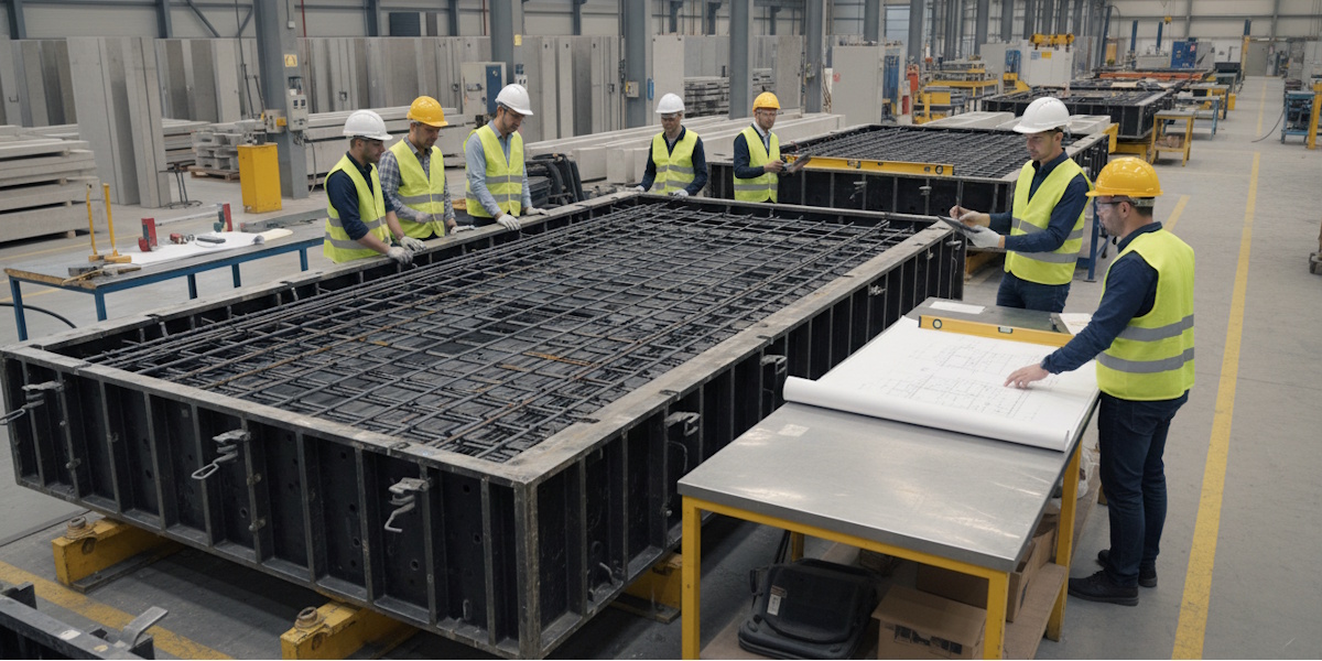 Mitarbeiter prüfen in einer Produktionshalle die Bewehrung und Schalung eines großformatigen Betonfertigteils nach Plan.