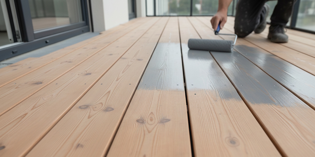 Nahaufnahme einer Rolle, die eine graue Beschichtung auf helle Holzdielen eines Balkon- oder Terrassenbelags aufträgt.