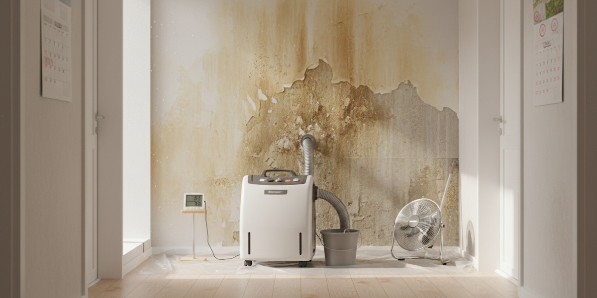 Flecken von der Wand entfernen_Wasserflecken Stark verfärbte und beschädigte Innenwand mit Feuchteschäden, Trocknungsgerät und Ventilator in einem leeren Raum.