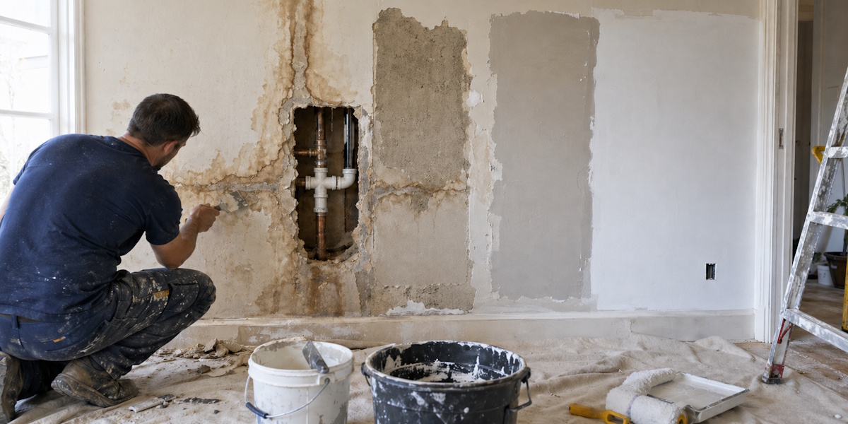 Sanierung gelber Flecken an der Wand nach Wasserschaden durch undichte Leitungen