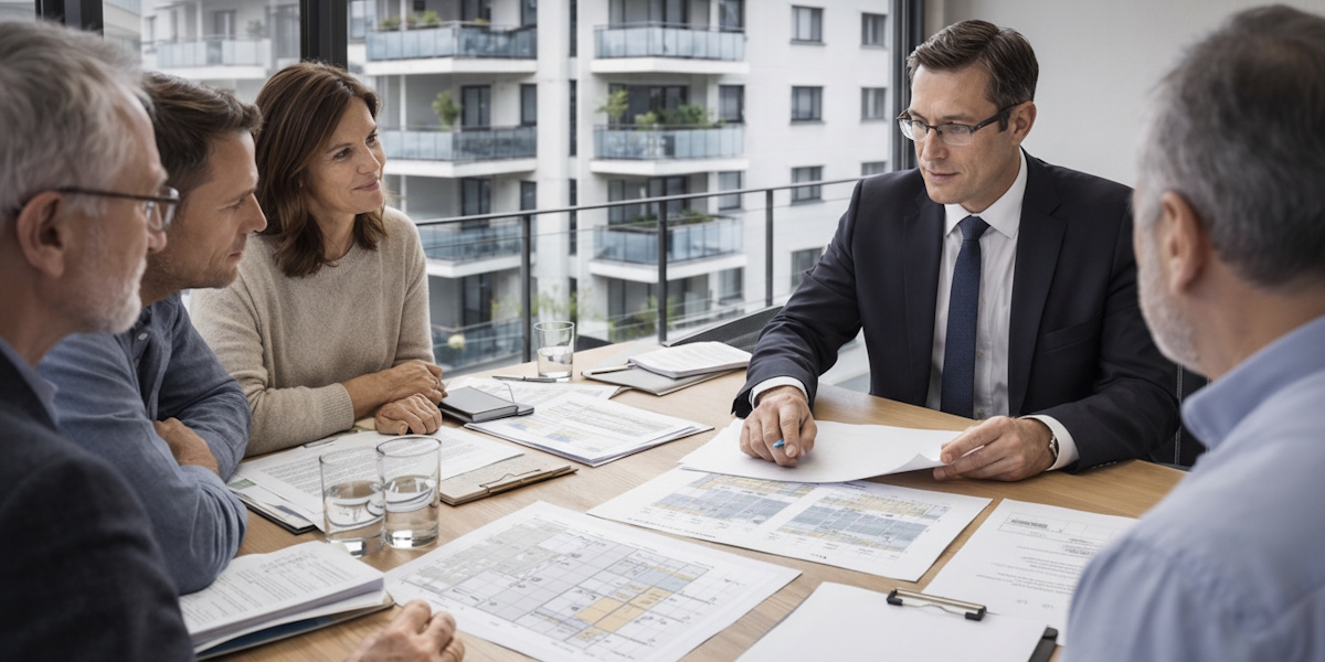 Mehrere Personen besprechen an einem Konferenztisch mit Bauplänen und Unterlagen die rechtliche und organisatorische Bewertung von Balkonen in einer Wohnanlage.