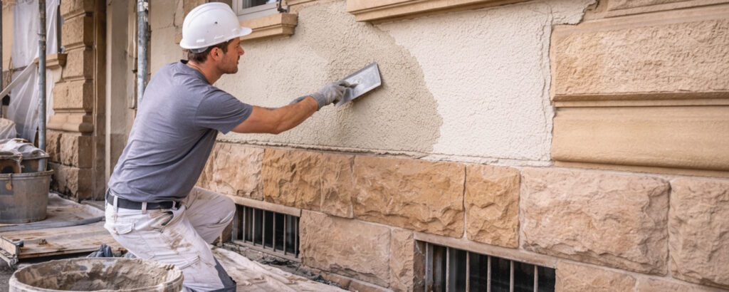 Handwerker trägt frischen Putz auf eine Außenwand über einem Natursteinsockel auf.