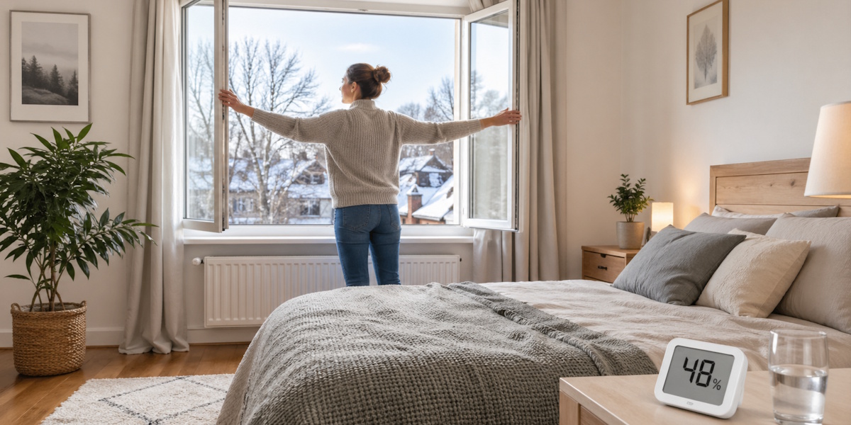 Frau lüftet Schlafzimmer am weit geöffneten Fenster, Hygrometer zeigt 48 Prozent Luftfeuchtigkeit.