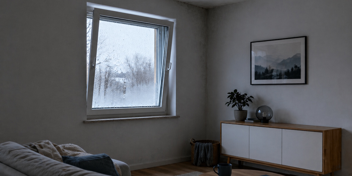 Beschlagenes Fenster in kühlem Wohnraum mit dunklerer Ecke als Hinweis auf Kondensationsprobleme.