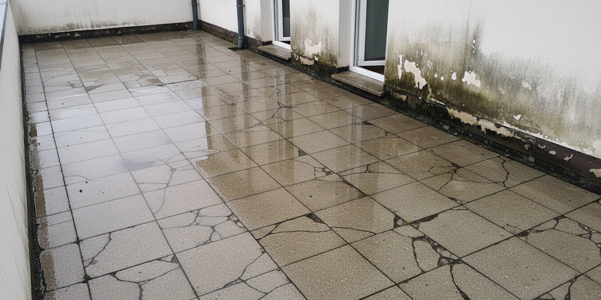 Terrasse Abdichtung_Warum Rissige Terrassenfliesen mit Wasseransammlungen und Feuchteschäden an der aufgehenden Wand im Randbereich der Terrasse.