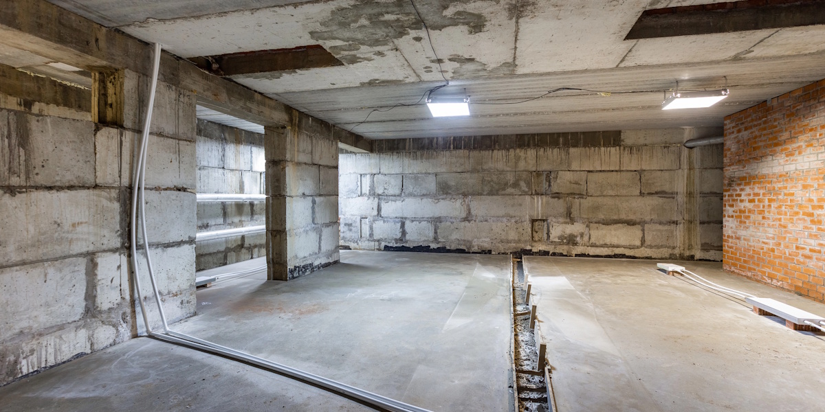 Rohbau mit Betonboden, Betonwänden und vorbereiteten Bodenaussparungen beim Aufbau eines Betonfußbodens.