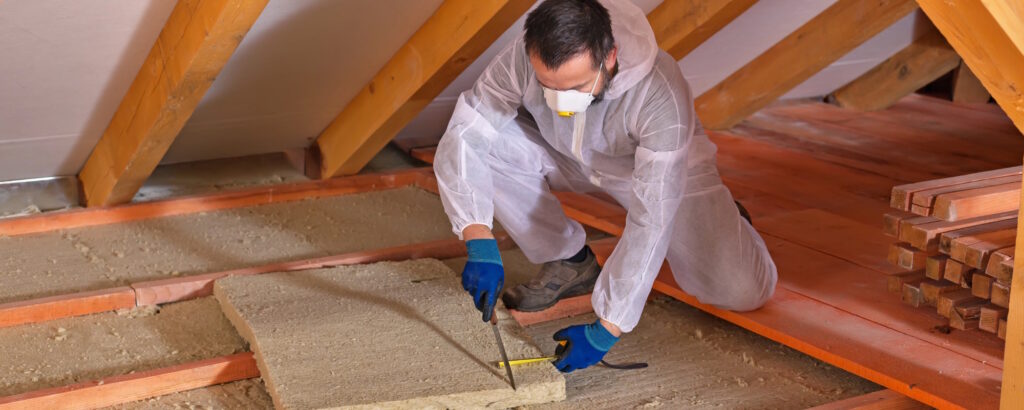 Handwerker verlegt Wärmedämmung am Dachboden: Präzises Einpassen von mineralischen Dämmplatten zwischen hölzerne Balken, um Wärmeverlust effektiv zu dämmen.