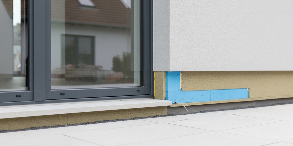 Detailanschluss eines Gebäudesockels neben einer bodentiefen Fenstertür mit sichtbarer Sockeldämmung.