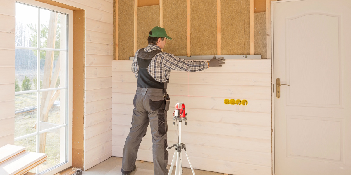 Handwerker richtet Holzverkleidung bei der Innenisolierung Wand mit Dämmung und Unterkonstruktion aus