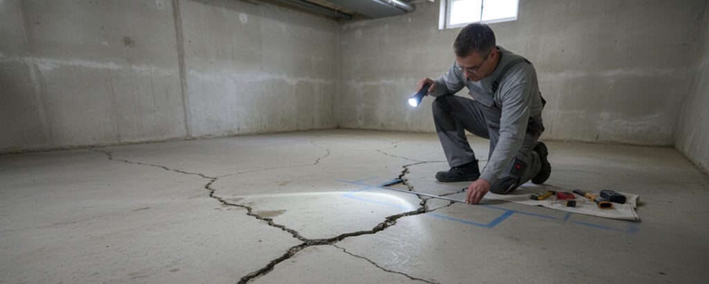 Handwerker untersucht breite Risse im Kellerboden mit Taschenlampe und Werkzeug in einem unbeheizten Keller.