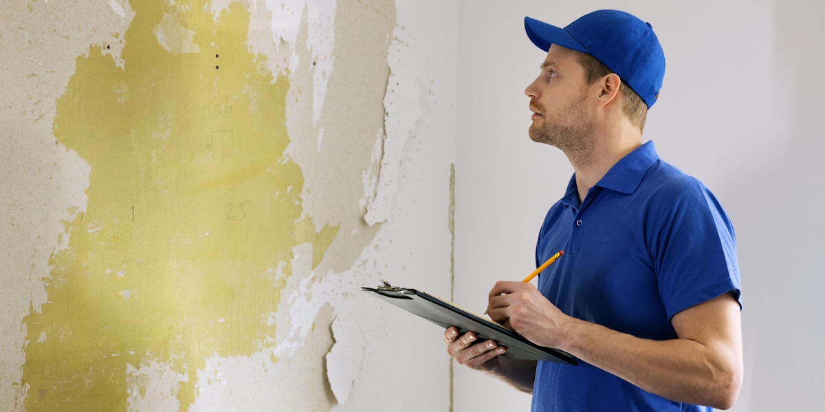 Handwerker prüft beschädigte Innenwand vor der Sanierung eines Hauses