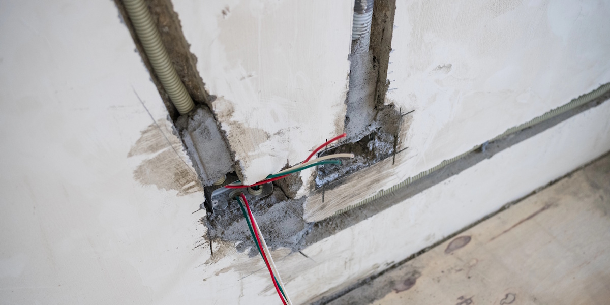 Freigelegte Kabel und Leerrohre in einer Wand zur Vorbereitung einer fachgerechten Wanddurchführung.