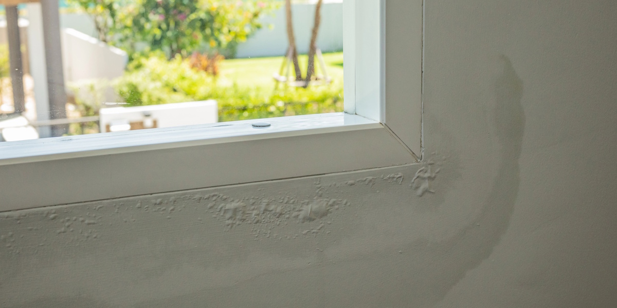 Feuchtigkeitsschaden an der Wand unter einem Fenster mit aufgeplatztem Putz